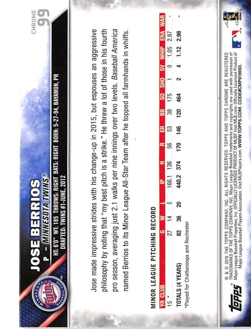 2016 Topps Chrome #99 Jose Berrios EX Excellent RC Rookie Minnesota Twins Baseball Card - Baseball Card Single