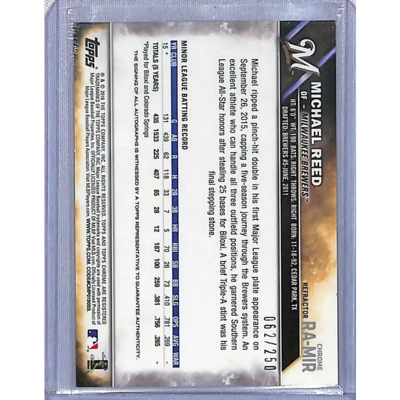 2016 Topps Chrome #RA-MIR Michael Reed Rookie Autographs NM-MT Baseball Card - Baseball Card Single