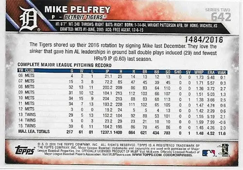 2016 Topps Gold #642 Mike Pelfrey NM-MT 1484/2016 Tigers ID:3284 - Baseball Card Single