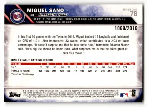 2016 Topps Gold #78 Miguel Sano NM-MT RC Rookie 1069/2016 Twins ID:62110 - Baseball Card Single