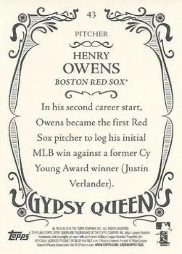 2016 Topps Gypsy Queen Henry Owens rookie baseball card Boston Red Sox ID 4553