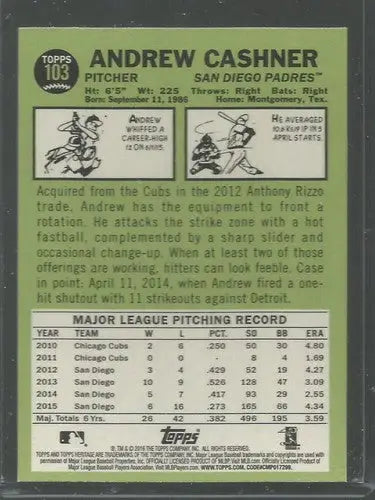 Original gloss of Andrew Cashner baseball card from 2016 Topps Heritage series