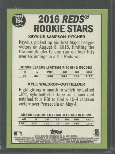 Baseball card featuring Kyle Waldrop and Keyvius Sampson from 2016 Topps Heritage with original gloss