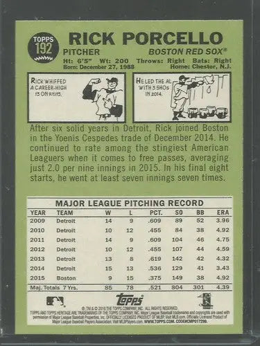 2016 Topps Heritage #192 Rick Porcello NM Near Mint Red Sox ID:33537 - Baseball Card Single