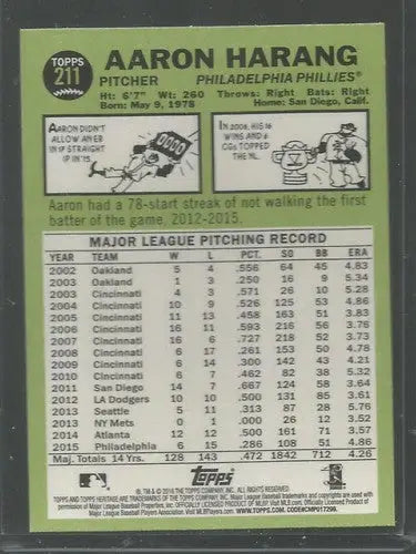 Original gloss 2016 Topps Heritage Aaron Harang baseball card Phillies ID 18815