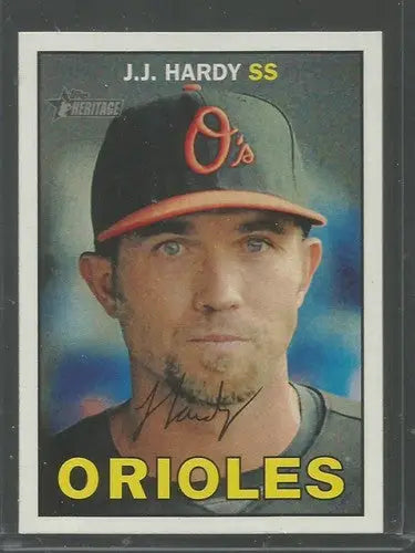 Original gloss J.J. Hardy baseball card from 2016 Topps Heritage featuring Orioles