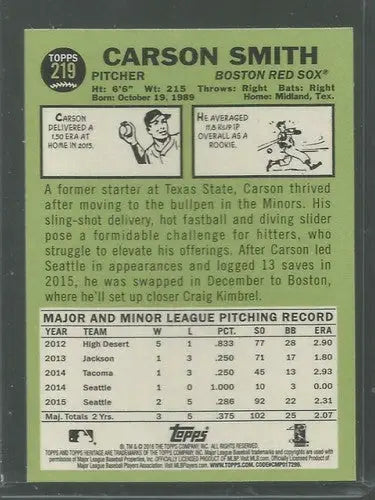 2016 Topps Heritage #219 Carson Smith NM-MT Red Sox - Baseball Card Single
