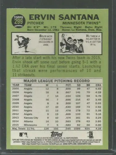 2016 Topps Heritage #299 Ervin Santana NM-MT Twins - Baseball Card Single