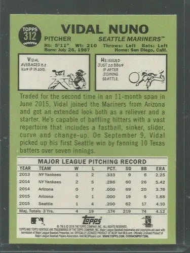 2016 Topps Heritage #312 Vidal Nuno NM-MT Mariners - Baseball Card Single