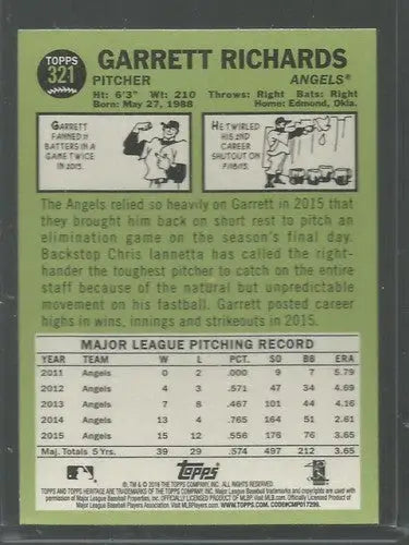 2016 Topps Heritage #321 Garrett Richards NM-MT Angels ID:9137 - Baseball Card Single