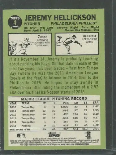 2016 Topps Heritage #4 Jeremy Hellickson NM-MT Phillies - Baseball Card Single