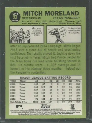 2016 Topps Heritage #93 Mitch Moreland NM-MT Rangers - Baseball Card Single
