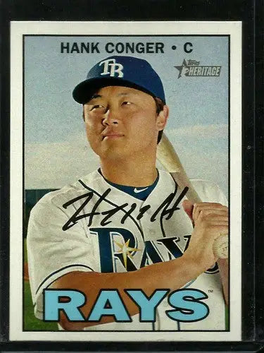 Signed Hank Conger baseball card from 2016 Topps Heritage High Number with original gloss