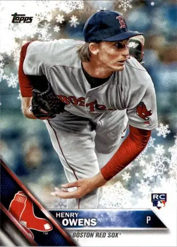 Baseball card featuring Henry Owens rookie Red Sox from 2016 Topps Holiday series