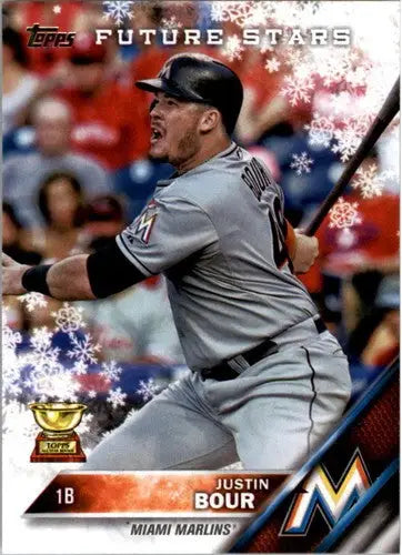 Original gloss of 2016 Topps Holiday HMW135 Justin Bour Marlins baseball card