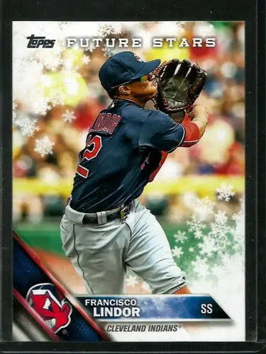 Original gloss 2016 Topps Holiday HMW148 Francisco Lindor baseball card with Indians team