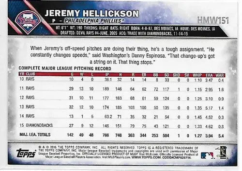 2016 Topps Holiday #HMW151 Jeremy Hellickson NM-MT Phillies ID:2711 - Baseball Card Single