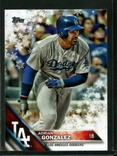 Adrian Gonzalez baseball card from 2016 Topps Holiday with original gloss showcasing Dodgers sports cards