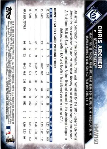 Original gloss 2016 Topps Holiday HMW160 Chris Archer Rays baseball card