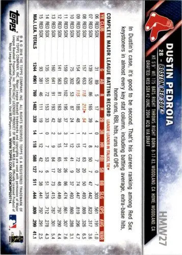 Original gloss of 2016 Topps Holiday HMW27 Dustin Pedroia baseball trading card with stats