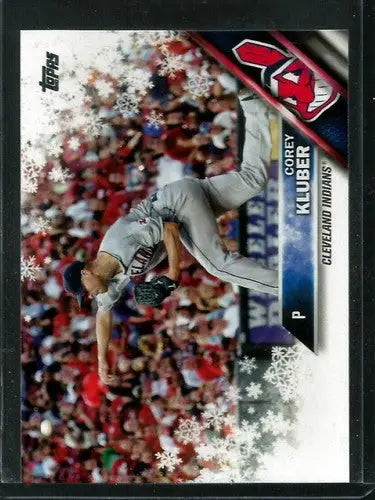 Original gloss 2016 Topps Holiday Corey Kluber Cleveland Indians baseball card with snowflake design