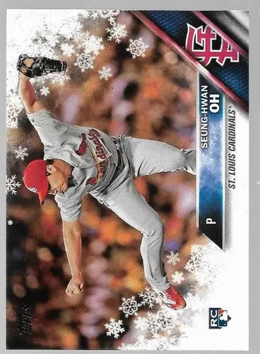Original gloss Topps Holiday rookie card featuring Seung-Hwan Oh of the Cardinals in winter design