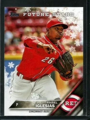 Original gloss of 2016 Topps Holiday HMW37 Raisel Iglesias Reds Future Star trading card