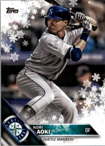 Original gloss of 2016 Topps Holiday HMW38 Nori Aoki Mariners trading card