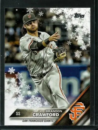 Original gloss baseball card of Brandon Crawford HMW61 Topps Holiday with snowflake design