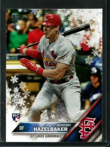 Original gloss 2016 Topps Holiday Jeremy Hazelbaker rookie card with snowy winter design