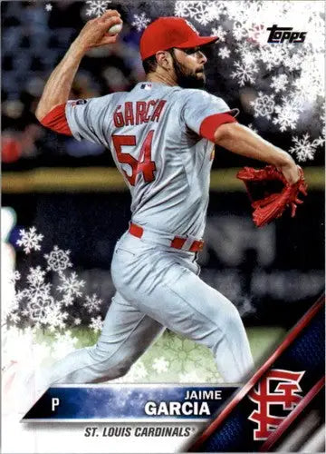2016 Topps Holiday HMW8 Jaime Garcia Cardinals baseball card featuring pitcher in action