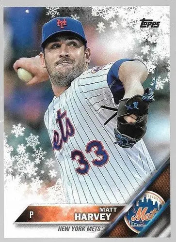 Original gloss baseball card featuring Matt Harvey of the New York Mets from Topps Holiday 2016