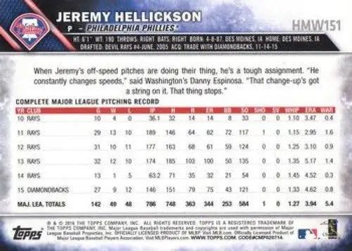 2016 Topps Holiday Metallic Snowflake Jeremy Hellickson baseball card back showing holiday metallic design