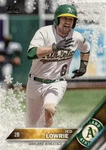 Baseball card featuring Jed Lowrie from 2016 Topps Holiday Metallic Snowflake with original gloss