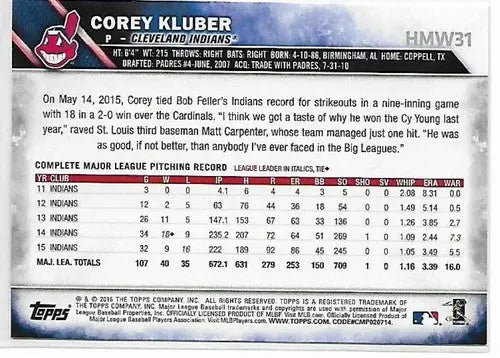 2016 Topps Holiday Metallic Snowflake Corey Kluber baseball card with original gloss
