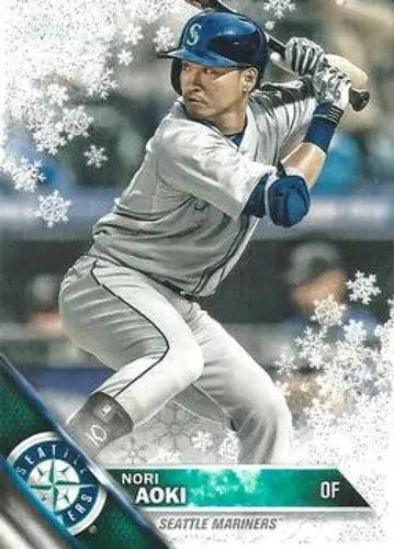 Baseball player with bat on 2016 Topps Holiday Metallic Snowflake card featuring Nori Aoki