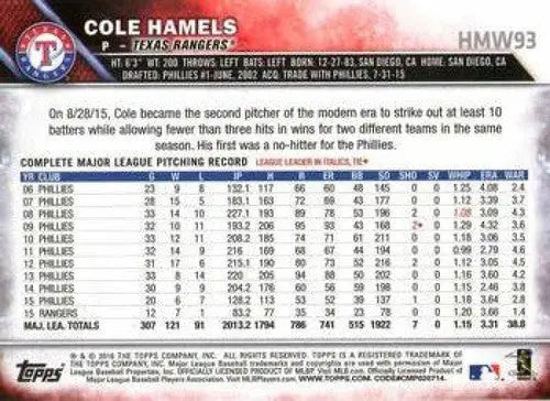 2016 Topps Holiday Metallic Snowflake Cole Hamels Rangers baseball card NM-MT