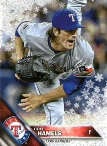 Baseball card featuring Cole Hamels from 2016 Topps Holiday Metallic Snowflake series