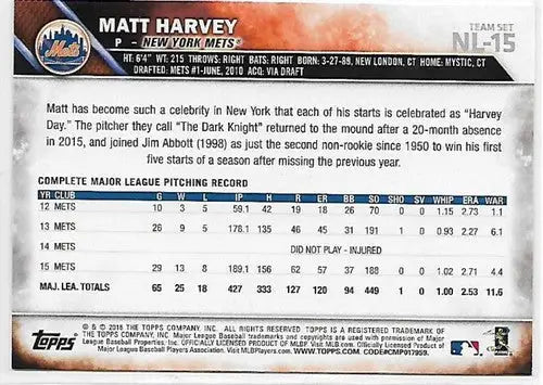 2016 Topps National League Standouts #NL-15 Matt Harvey NM-MT Mets - Baseball Card Single