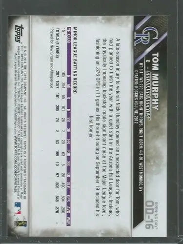 Tom Murphy baseball card from 2016 Topps Opening Day NM-MT rookie Rockies featuring original gloss