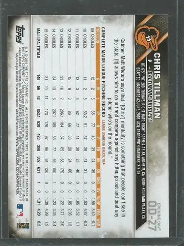 2016 Topps Opening Day #27 Chris Tillman NM-MT Orioles - Baseball Card Single