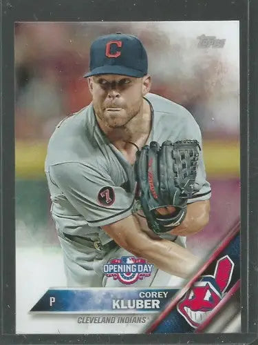 Baseball card of Corey Kluber in Cleveland Indians uniform from 2016 Topps Opening Day