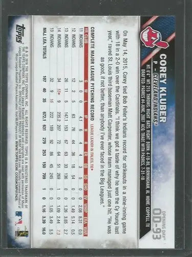 Original gloss baseball trading card featuring Corey Kluber from 2016 Topps Opening Day