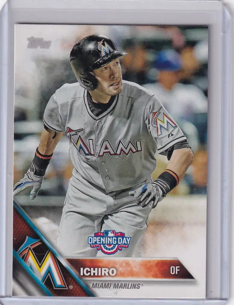 Baseball card of Ichiro Miami Marlins in batting stance from Topps Opening Day