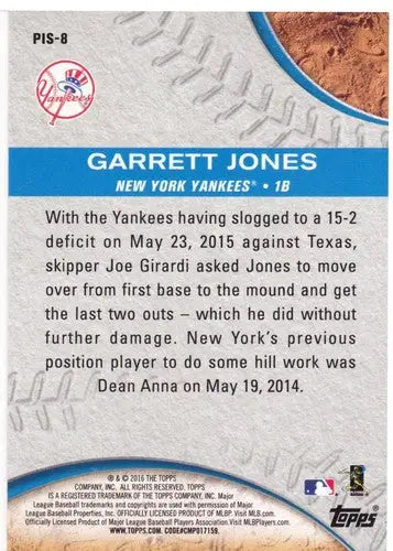 Baseball trading card for Garrett Jones of the New York Yankees, 2016 Topps Pressed Into Service NM-MT