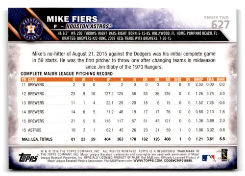 Original gloss 2016 Topps Rainbow Foil Mike Fiers baseball card Astros ID 23268
