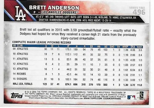 Original gloss Brett Anderson baseball card from Topps Series 2 2016 #496A in NM-MT condition