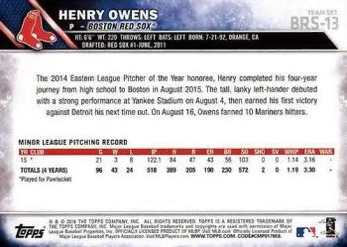 2016 Topps Team Sets Boston Red Sox #BRS-13 Henry Owens NM-MT Red Sox ID:9759 - Baseball Card Single