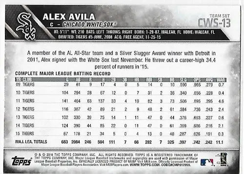 2016 Topps Team Sets Chicago White Sox #CWS-13 Alex Avila NM-MT White So ID:5489 - Baseball Card Single