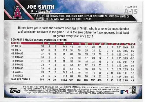 2016 Topps Team Sets Los Angeles Angels of Anaheim #A-15 Joe Smith NM-MT Angels - Baseball Card Single